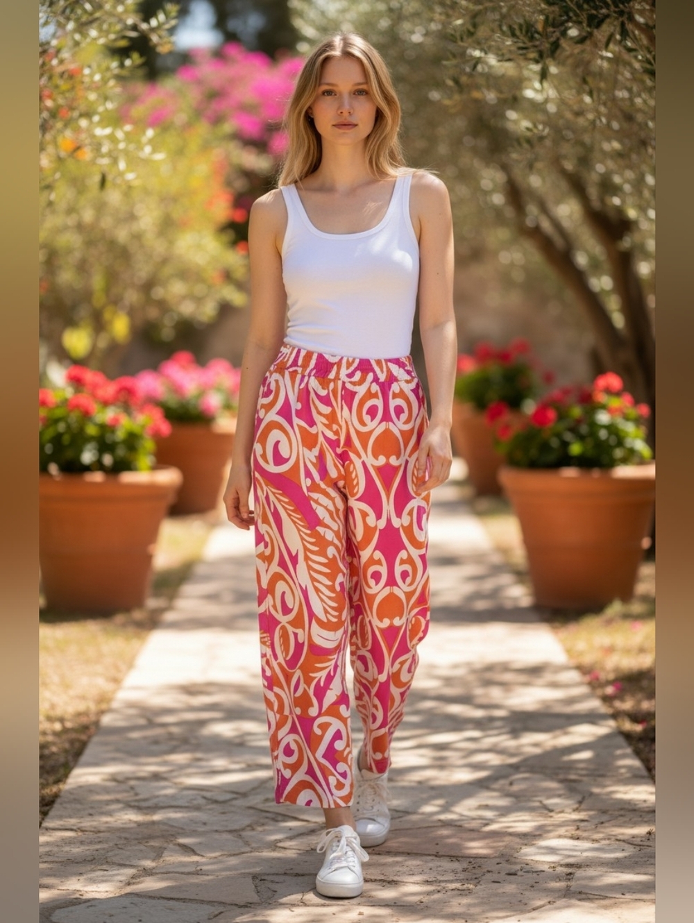 Christian Siriano Linen Blend Pink, Orange & White Printed Wide Pants